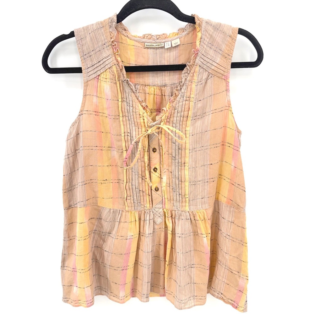 Anthro Boho Prairie Plaid Cotton Babydoll Peplum Tie Neck Tank Top 6